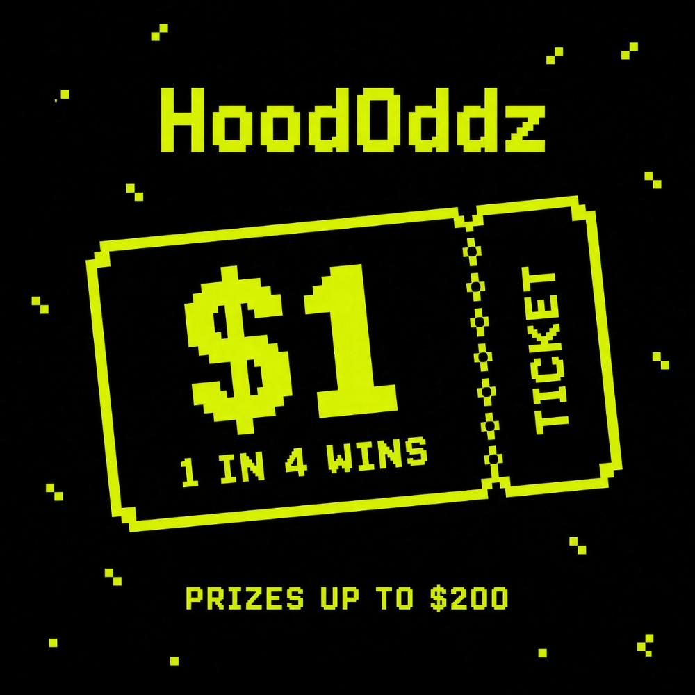 Pixel art HoodOddz raffle ticket, priced at one dollar, showing one in four odds of winning and prizes up to two hundred dollars